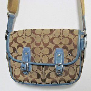 Coach Signature Crossbody Shoulder Bag Adjust Strap Blue Leather Brown canvas